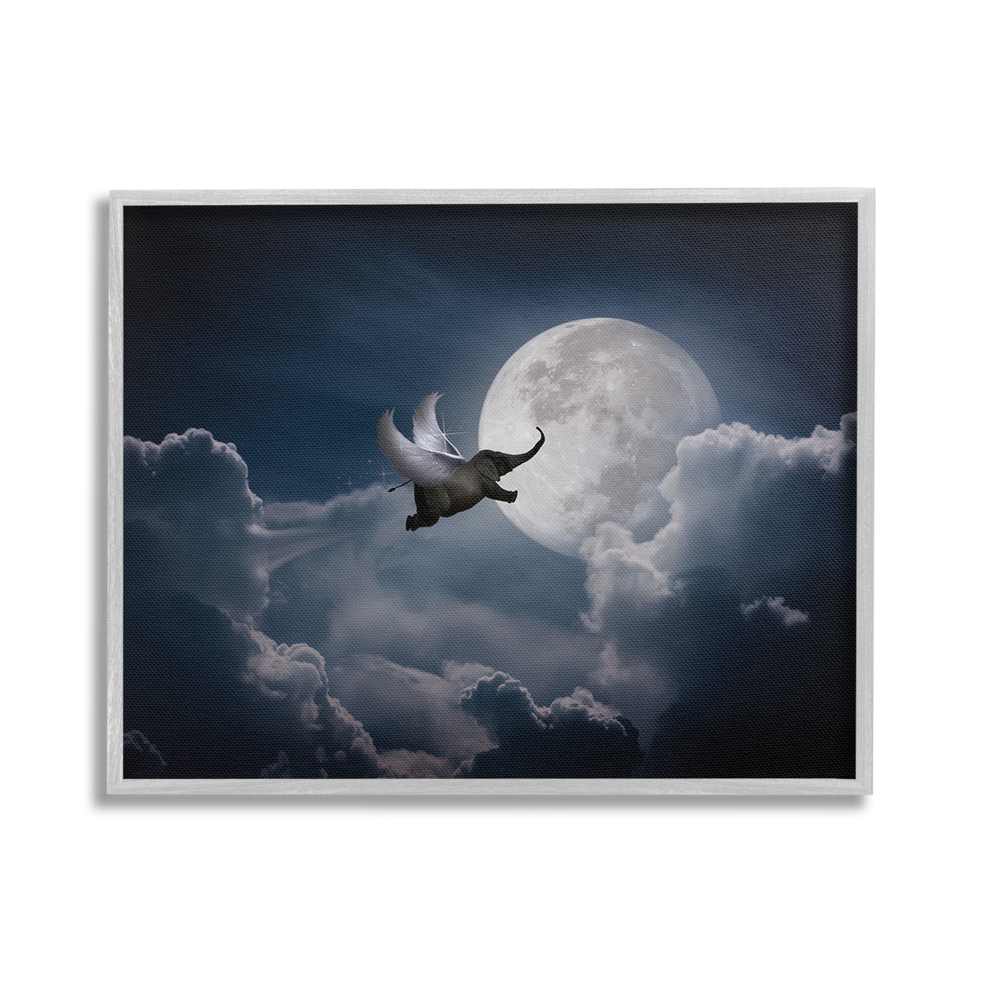 Stupell Industries Flying Elephant & Moon Animals & Insects Painting Gray Framed Art Print Wall Art, 30 x 24