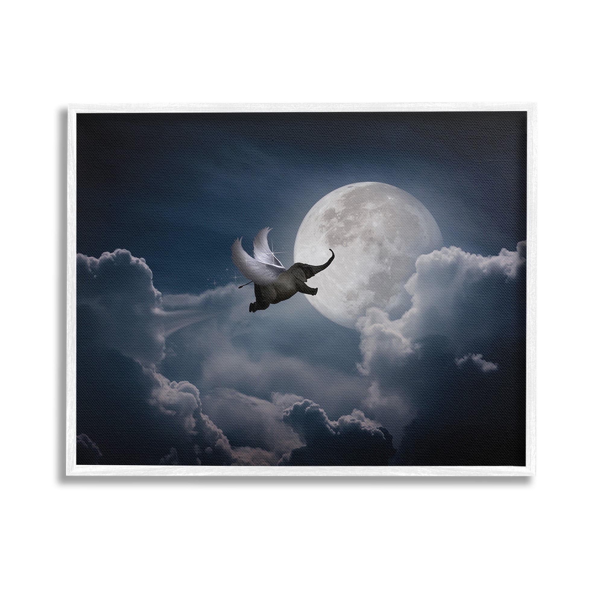 Stupell Industries Flying Elephant & Moon Animals & Insects Painting White Framed Art Print Wall Art, 14 x 11
