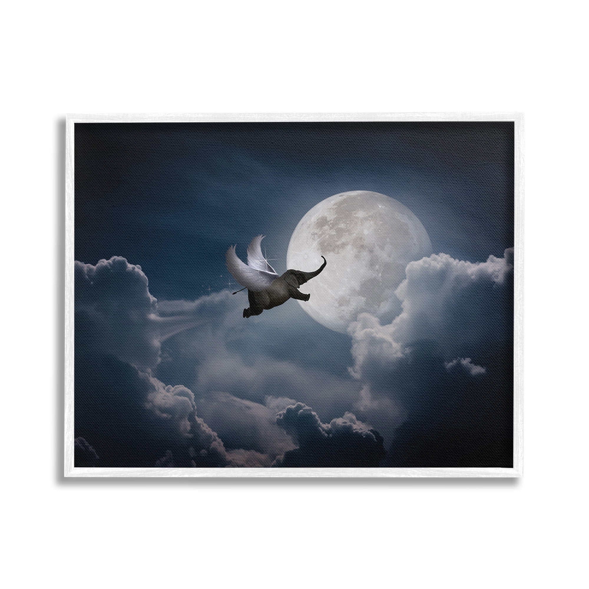 Stupell Industries Flying Elephant & Moon Animals & Insects Painting White Framed Art Print Wall Art, 30 x 24