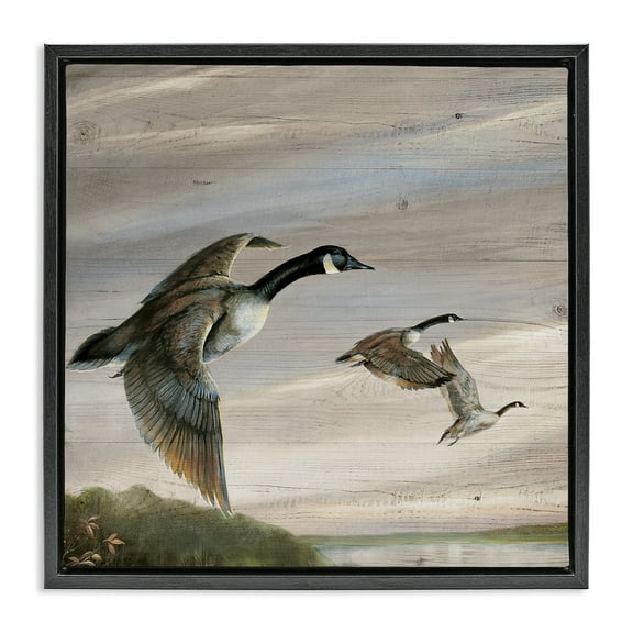 Stupell Industries Flying Geese over Rustic Animals Painting Black Floater Framed Canvas Art Print Wall Art, 18 x 18
