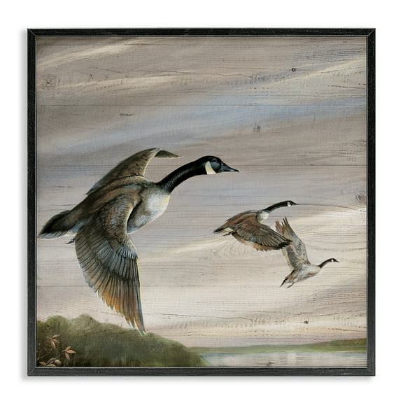 Stupell Industries Flying Geese over Rustic Animals Painting Black Framed Art Print Wall Art, 12 x 12