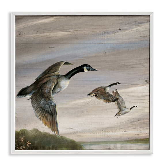 Stupell Industries Flying Geese over Rustic Animals Painting White Framed Art Print Wall Art, 12 x 12