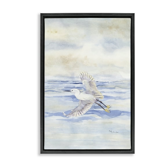 Stupell Industries Flying Heron Over Water Landscape Painting Black Floater Framed Canvas Art Print Wall Art, 17 x 25