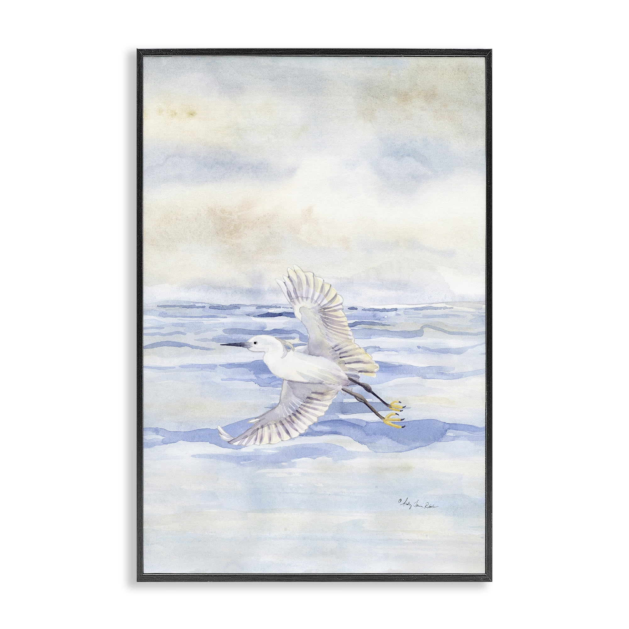 Stupell Industries Flying Heron Over Water Landscape Painting Black Framed Art Print Wall Art, 12 x 18