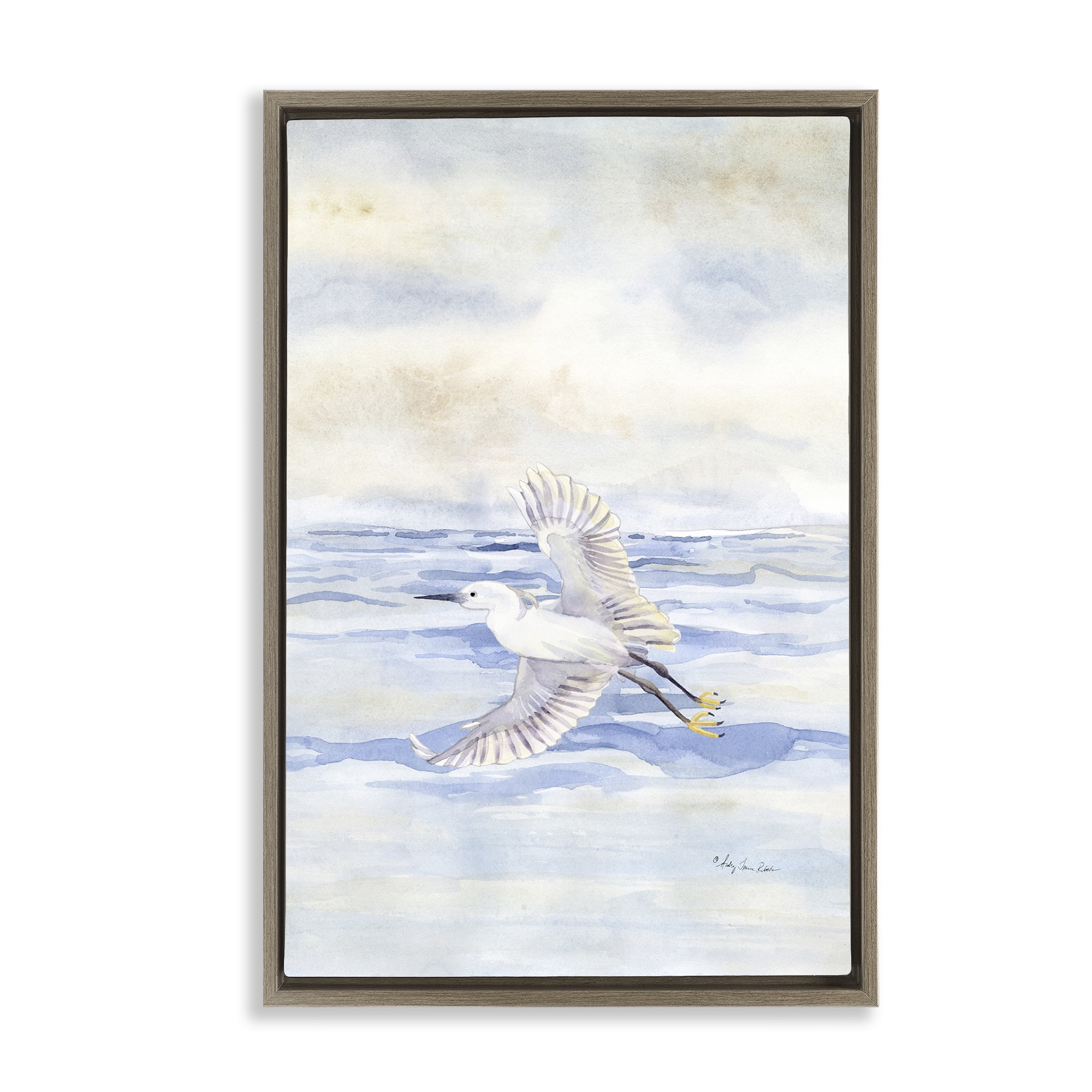 Stupell Industries Flying Heron Over Water Landscape Painting Brown Floater Framed Canvas Art Print Wall Art, 17 x 25