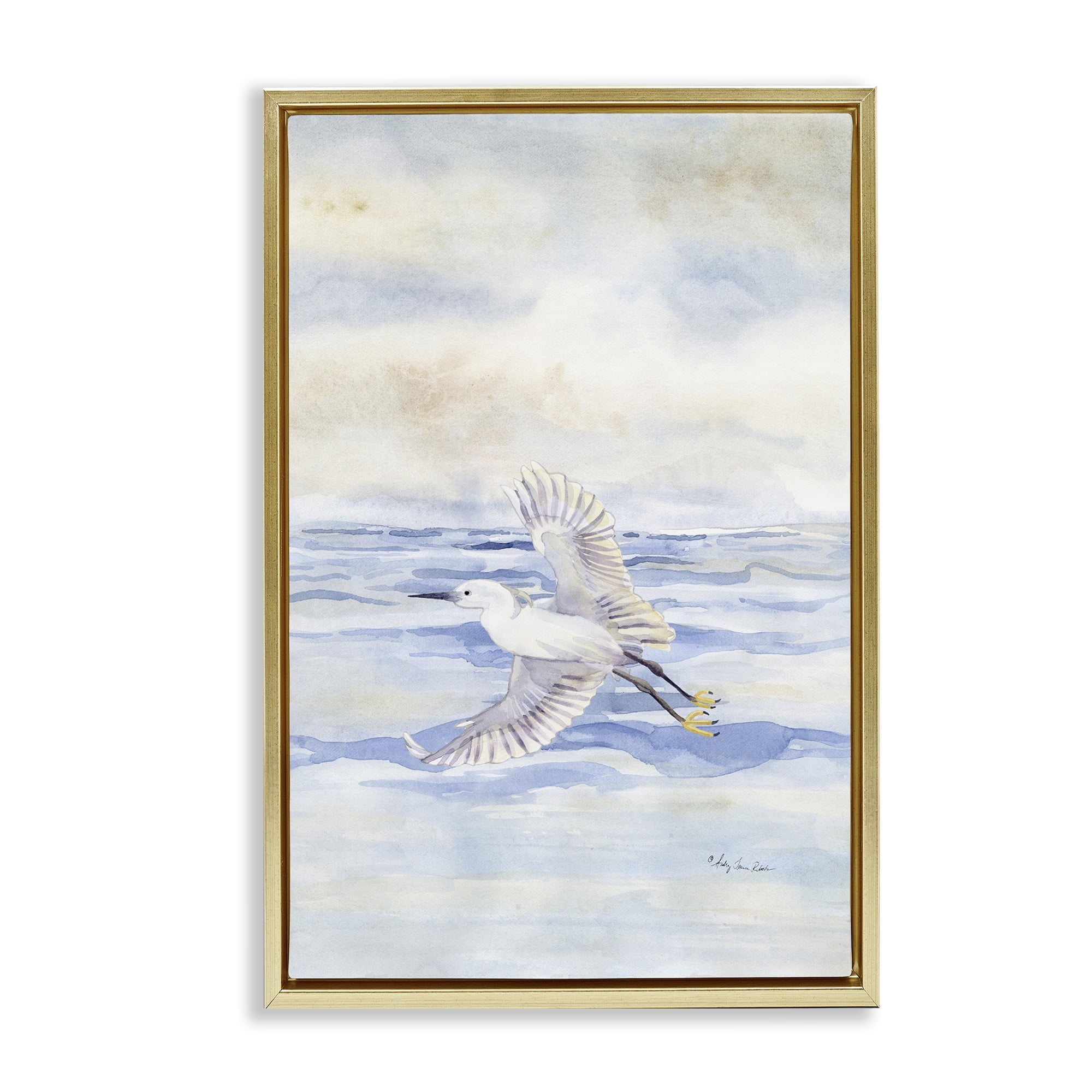 Stupell Industries Flying Heron Over Water Landscape Painting Gold Floater Framed Canvas Art Print Wall Art, 17 x 25