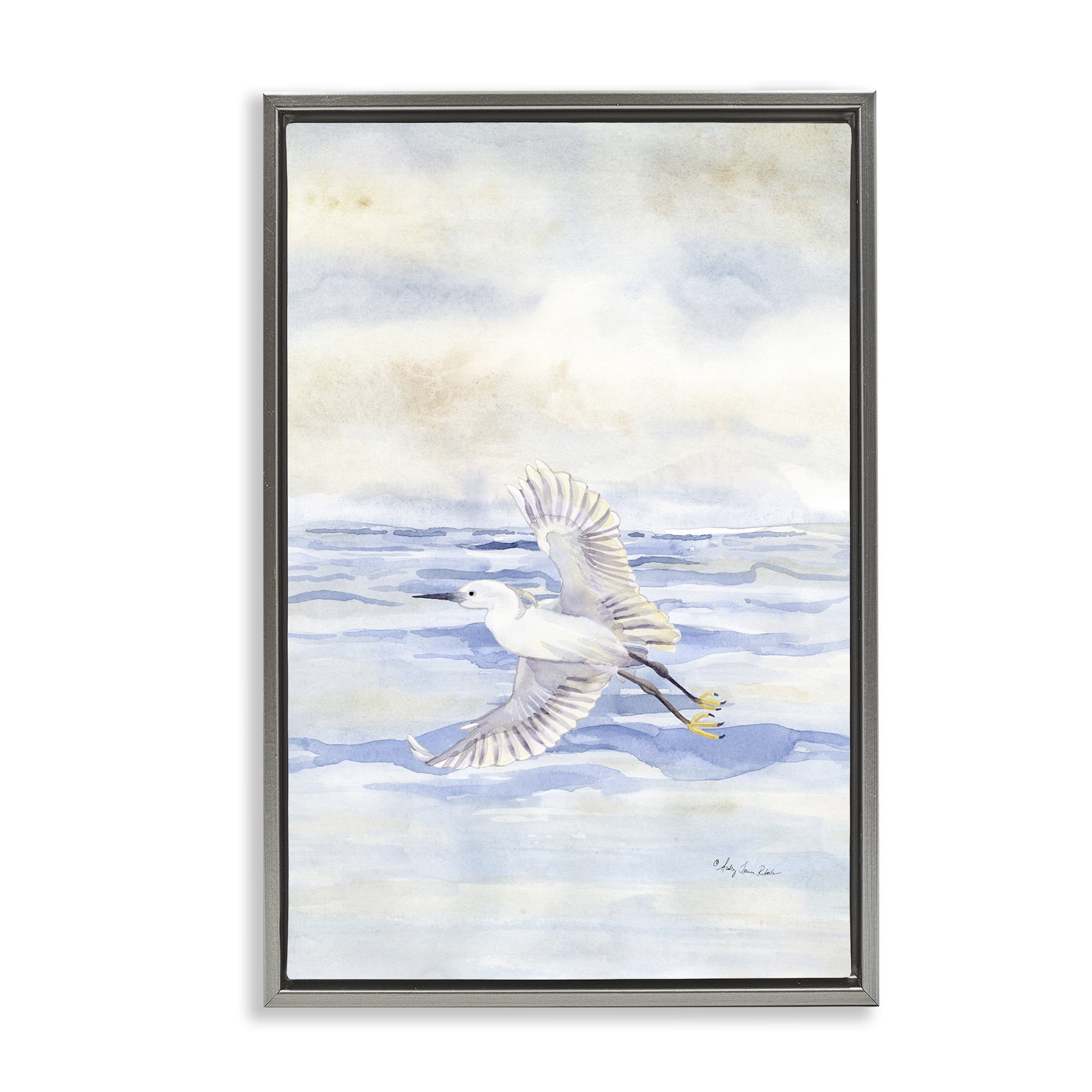 Stupell Industries Flying Heron Over Water Landscape Painting Gray Floater Framed Canvas Art Print Wall Art, 21 x 31