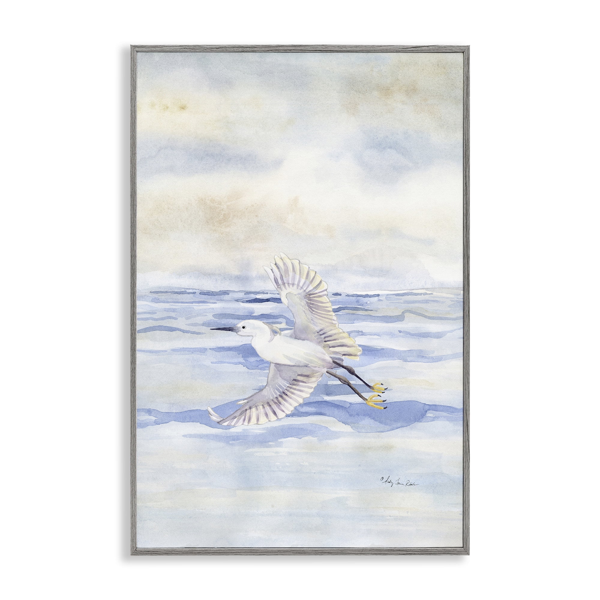 Stupell Industries Flying Heron Over Water Landscape Painting Gray Framed Art Print Wall Art, 12 x 18