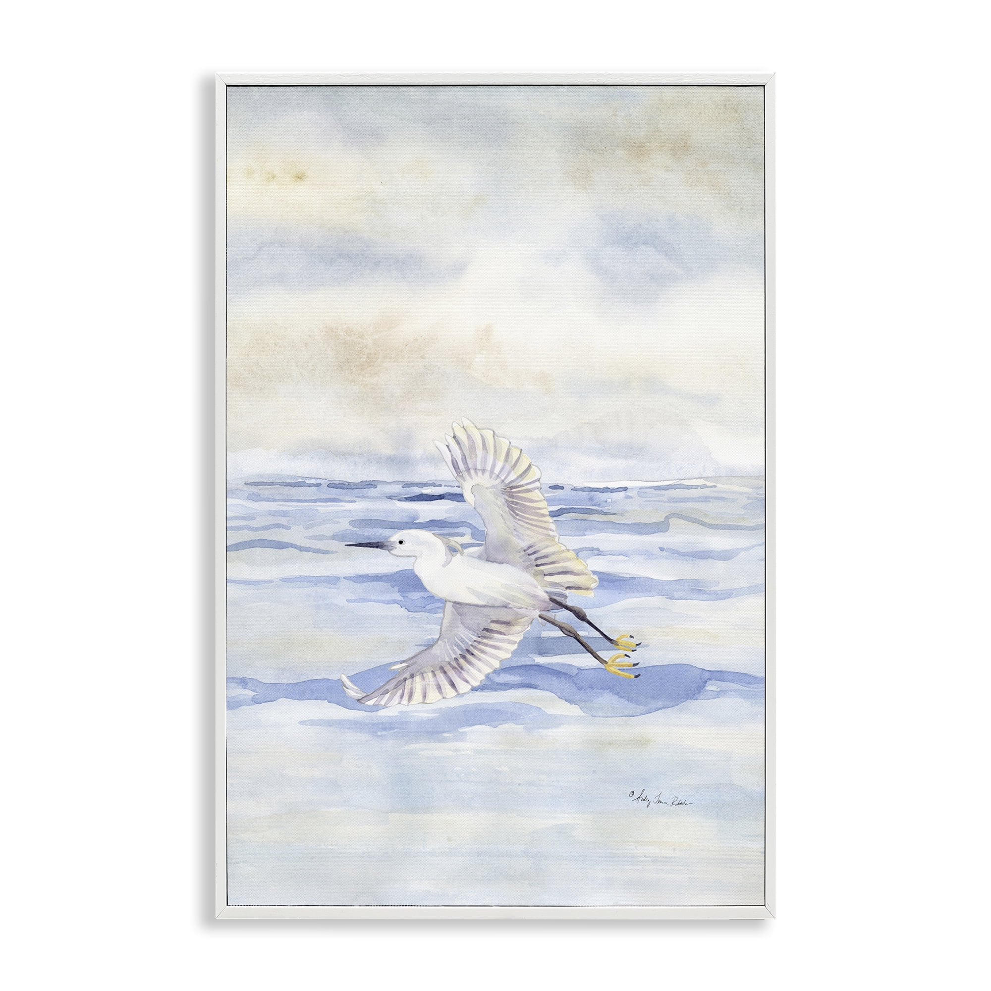 Stupell Industries Flying Heron Over Water Landscape Painting White Framed Art Print Wall Art, 16 x 24