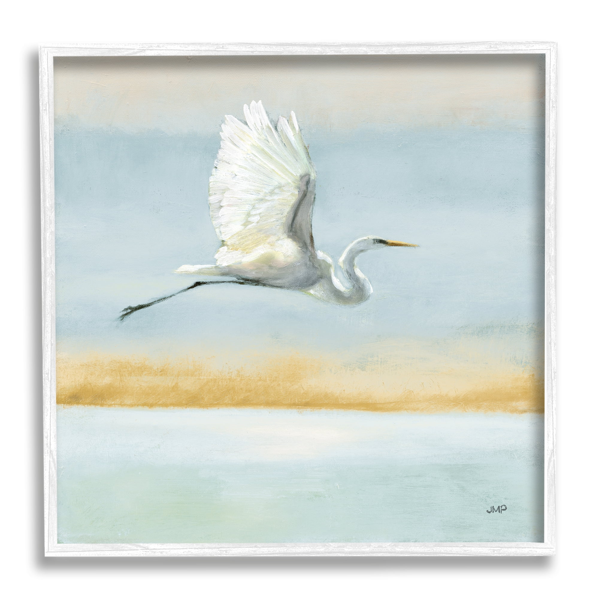 Stupell Industries Flying Heron Painting Animals & Insects Painting White Framed Art Print Wall Art, 24 x 24
