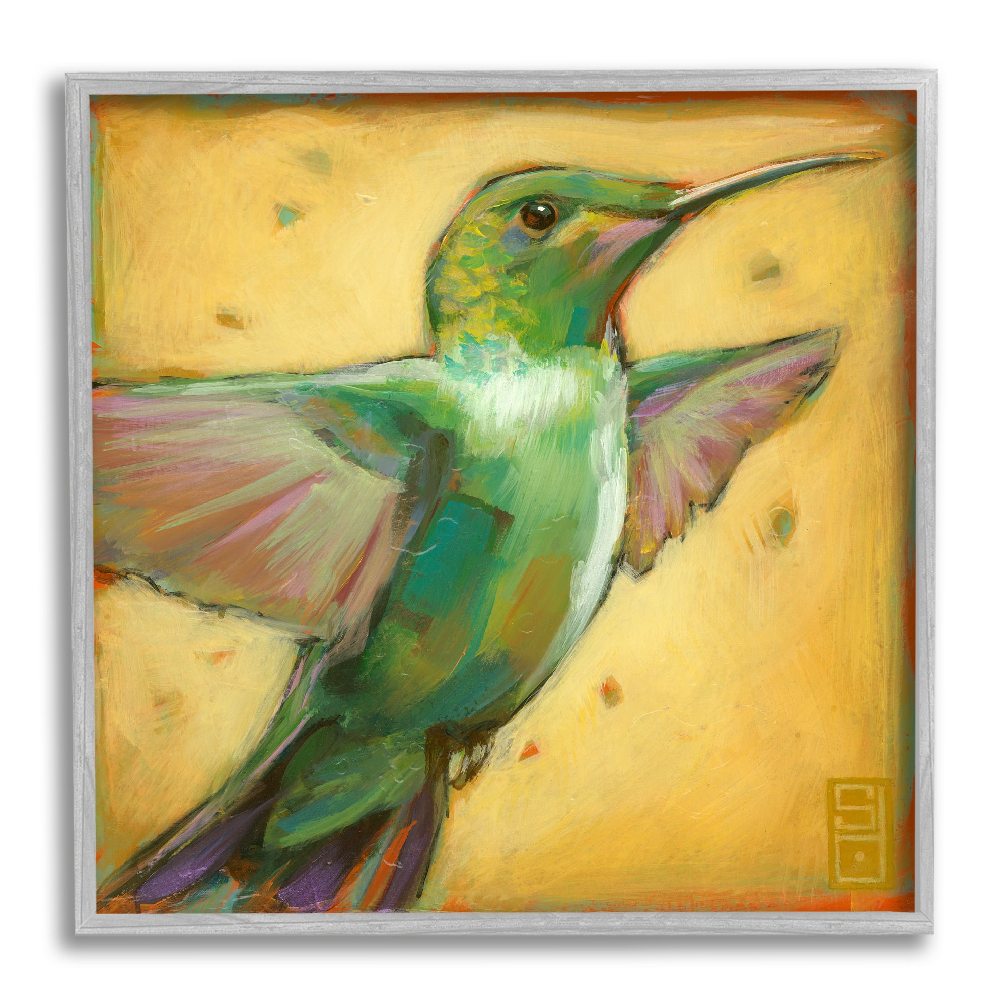 Stupell Industries Flying Hummingbird Painting Animals & Insects Painting Gray Framed Art Print Wall Art, 24 x 24