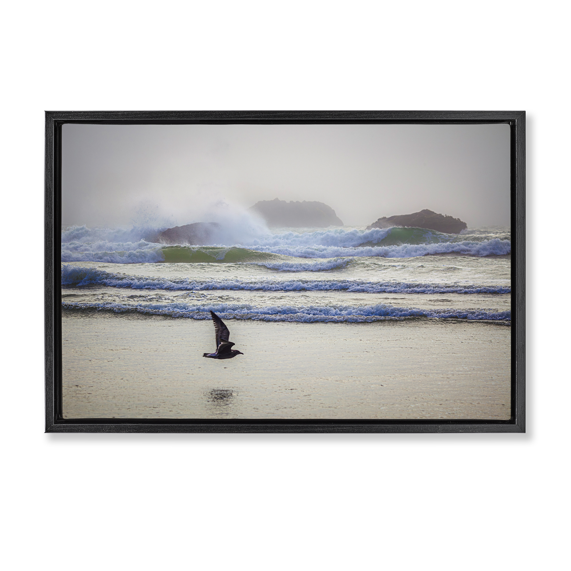 Stupell Industries Flying Low over Shore Landscape & Nature Photography Black Floater Framed Canvas Art Print Wall Art, 31 x 21