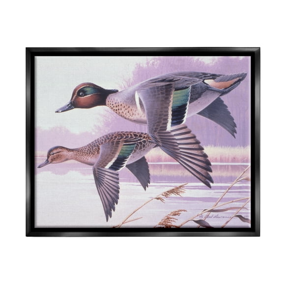 Stupell Industries Flying Mallards over Lake Animals & Insects Painting Black Floater Framed Canvas Art Print Wall Art, 21 x 17