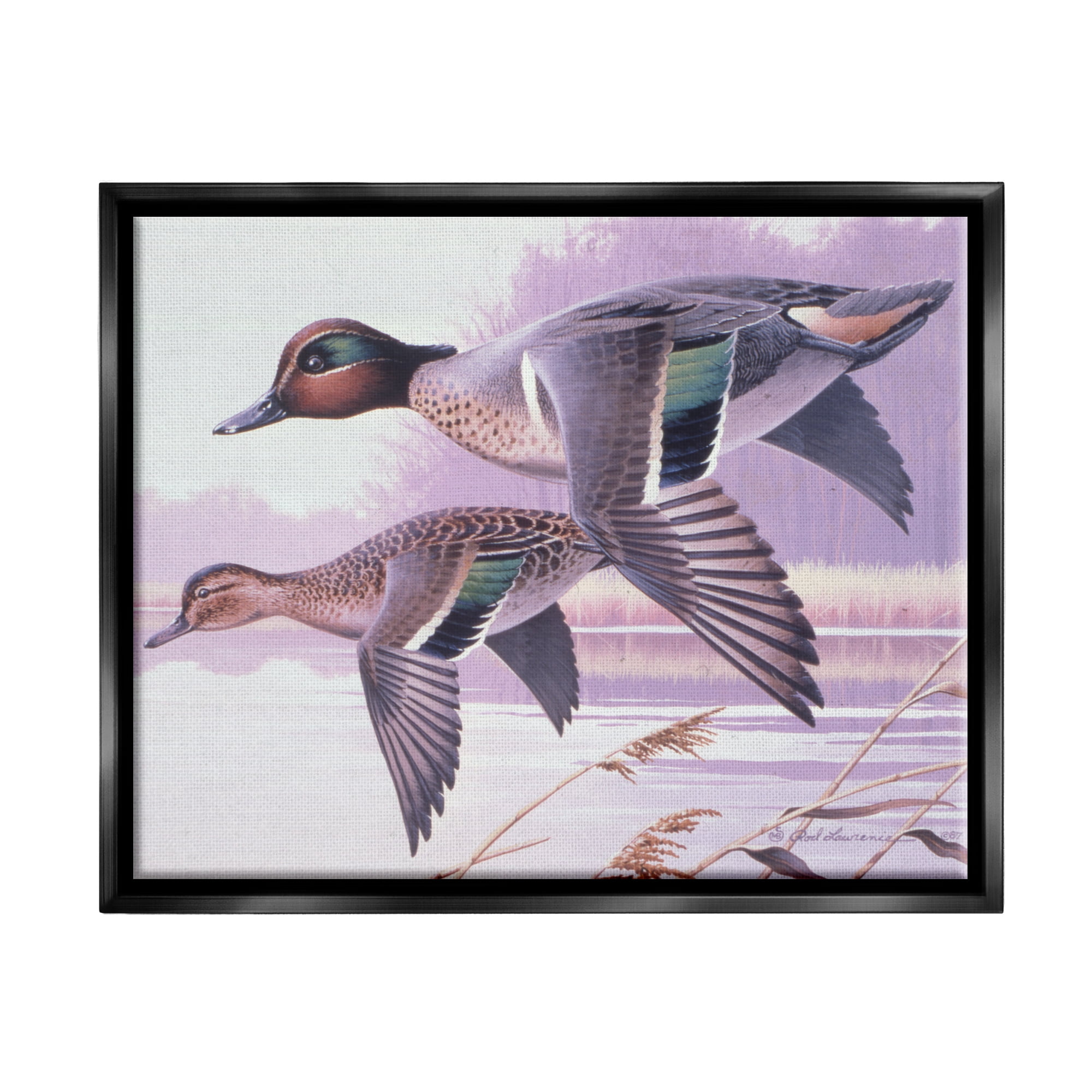 Stupell Industries Flying Mallards over Lake Animals & Insects Painting Black Floater Framed Canvas Art Print Wall Art, 31 x 25
