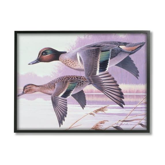 Stupell Industries Flying Mallards over Lake Animals & Insects Painting Black Framed Art Print Wall Art, 14 x 11