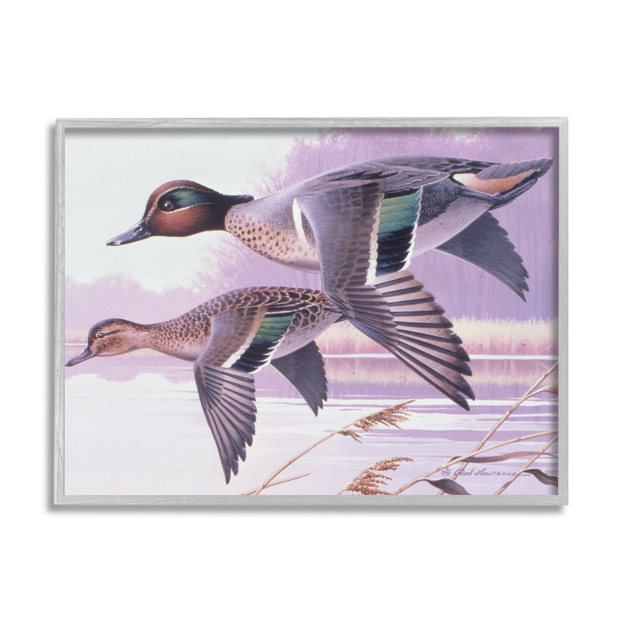 Stupell Industries Flying Mallards over Lake Animals & Insects Painting Gray Framed Art Print Wall Art, 30 x 24