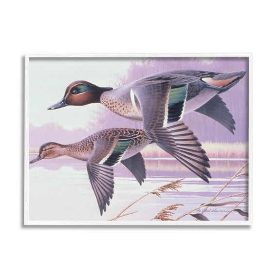Stupell Industries Flying Mallards over Lake Animals & Insects Painting White Framed Art Print Wall Art, 20 x 16