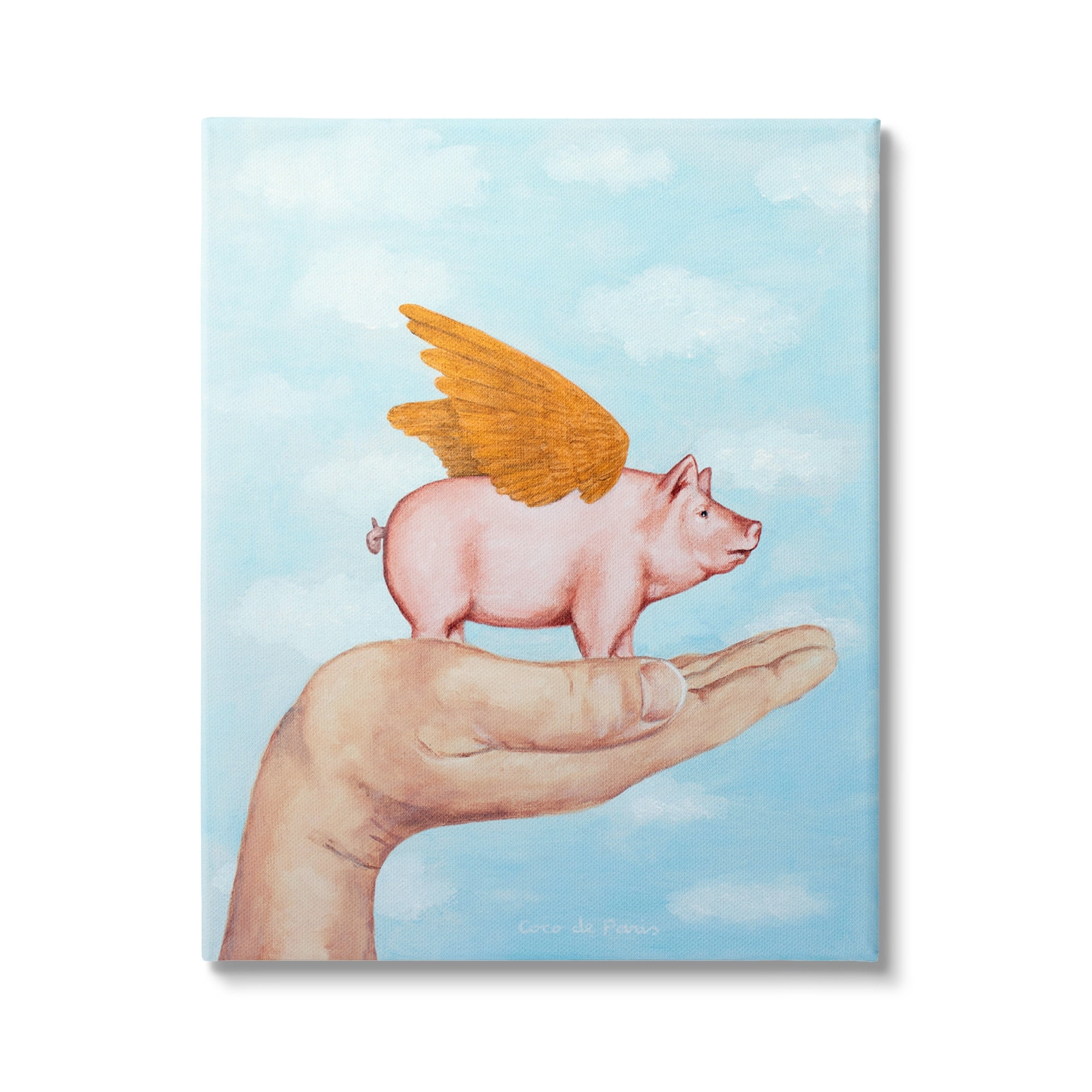 Stupell Industries Flying Pig in Palm Wings Fluffy Clouds Illustration Novelty Painting Gallery-Wrapped Canvas Print Wall Art, 30 x 40, Design by Coco de Paris