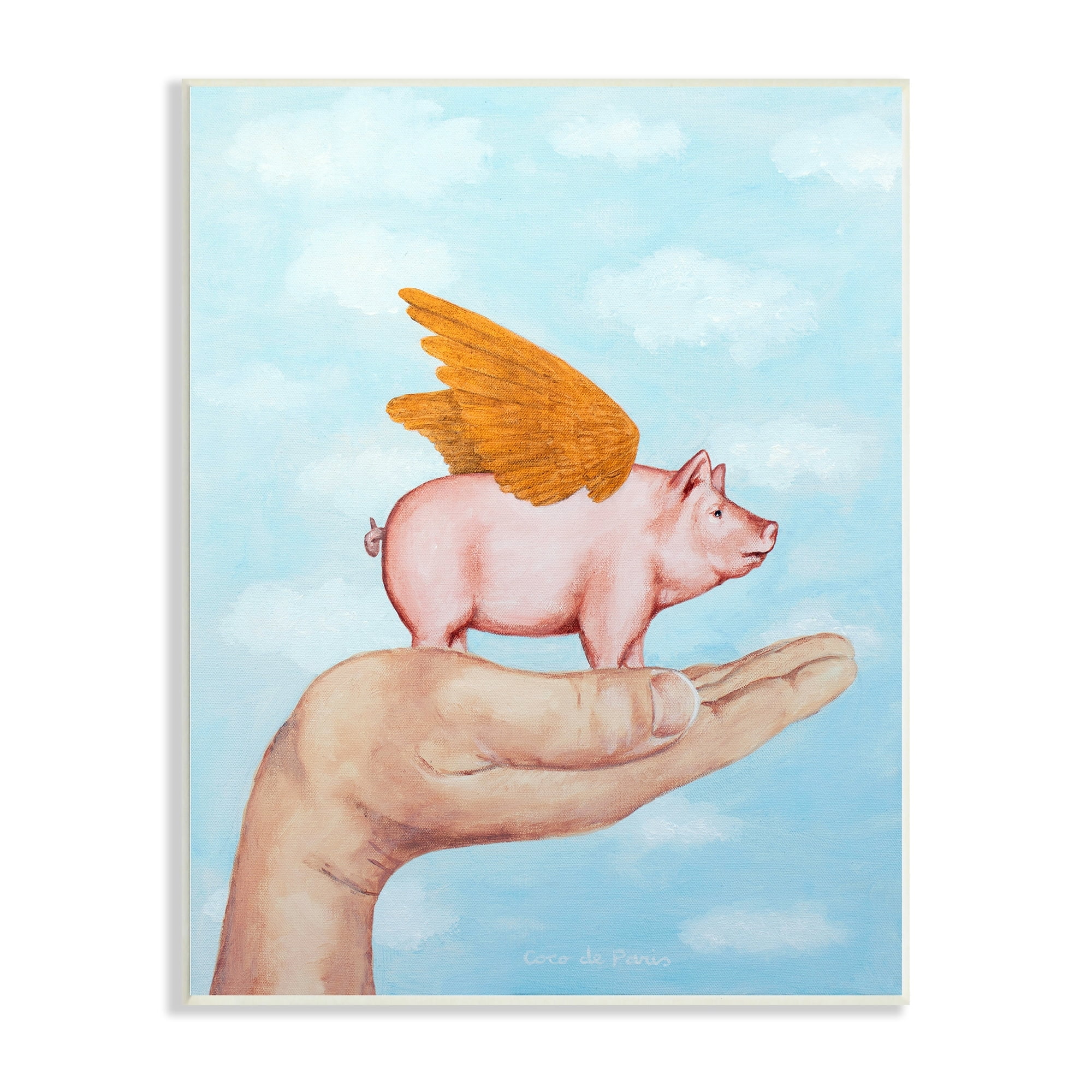 Stupell Industries Flying Pig in Palm Wings Fluffy Clouds Illustration, 10 x 15, Design by Coco de Paris