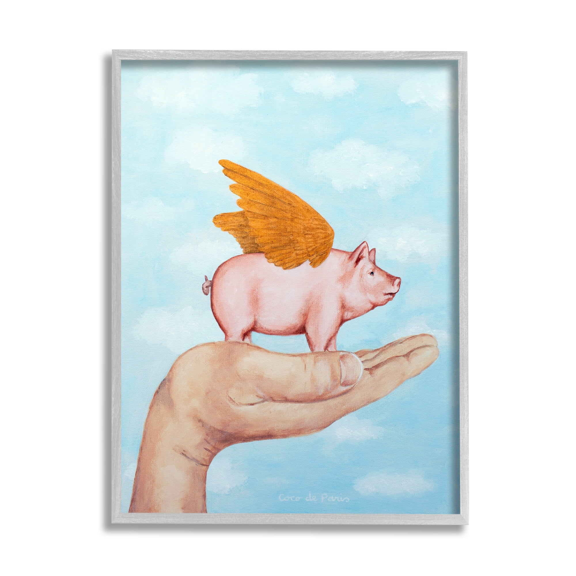 Stupell Industries Flying Pig in Palm Wings Fluffy Clouds Illustration, 11 x 14, Design by Coco de Paris