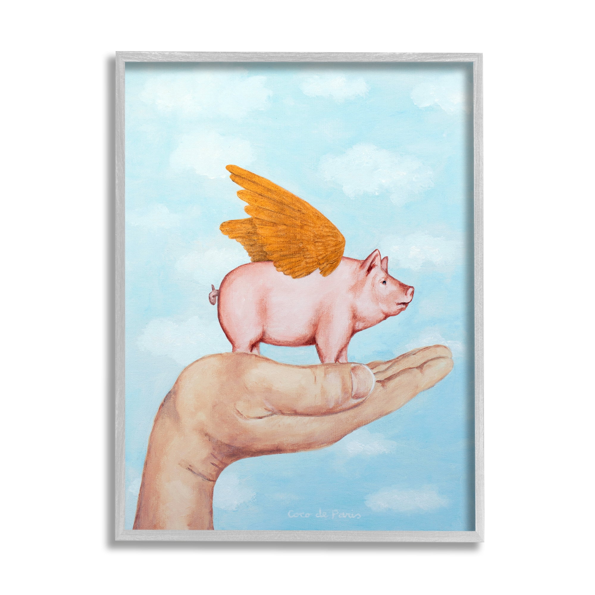 Stupell Industries Flying Pig in Palm Wings Fluffy Clouds Illustration, 16 x 20, Design by Coco de Paris