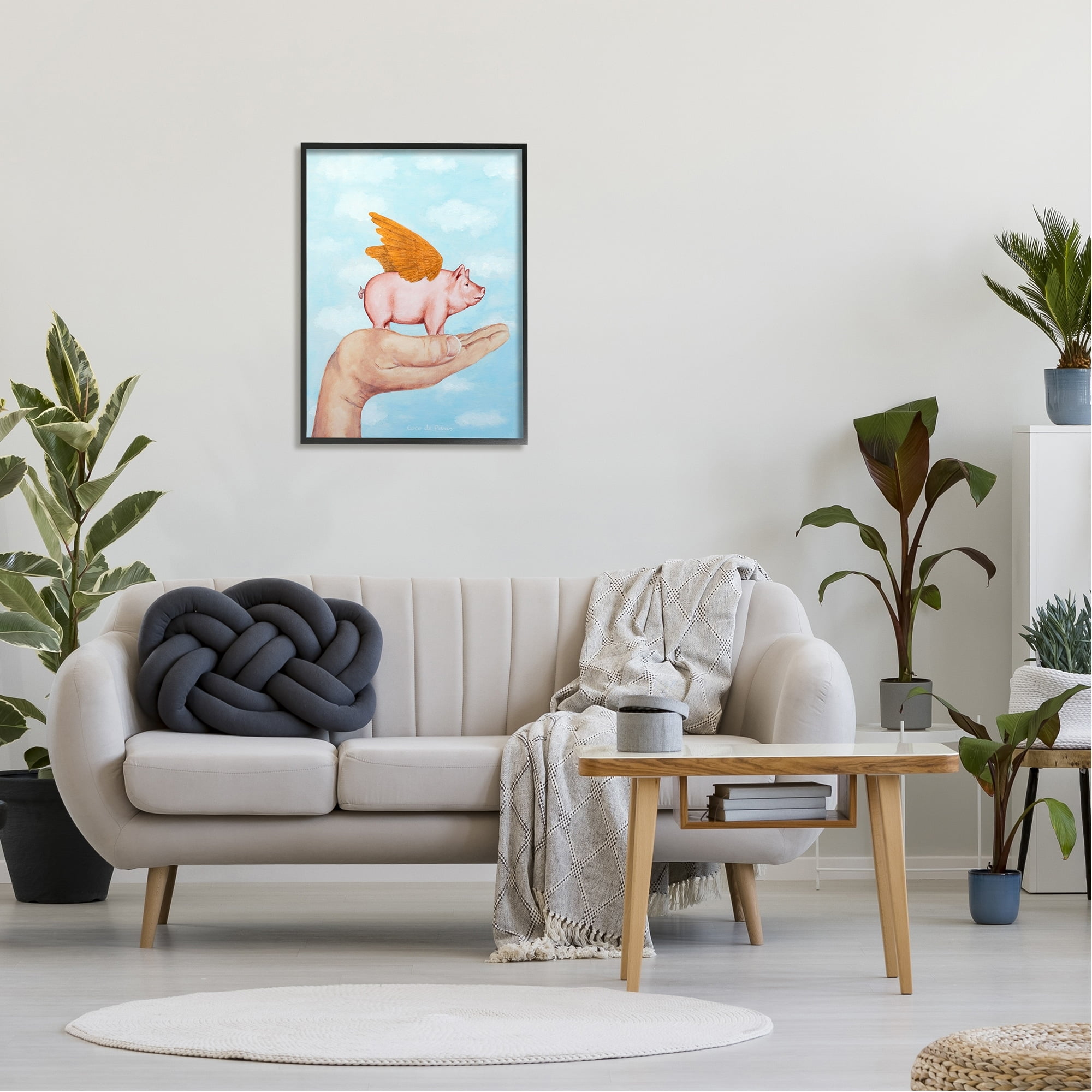Stupell Industries Flying Pig in Palm Wings Fluffy Clouds Illustration, 24 x 30, Design by Coco de Paris