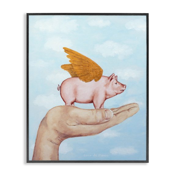 Stupell Industries Bohemian Flying Pig in Palm Wings Fluffy Clouds Illustration Black Framed Giclee Art, 11 x 14, by Coco de Paris