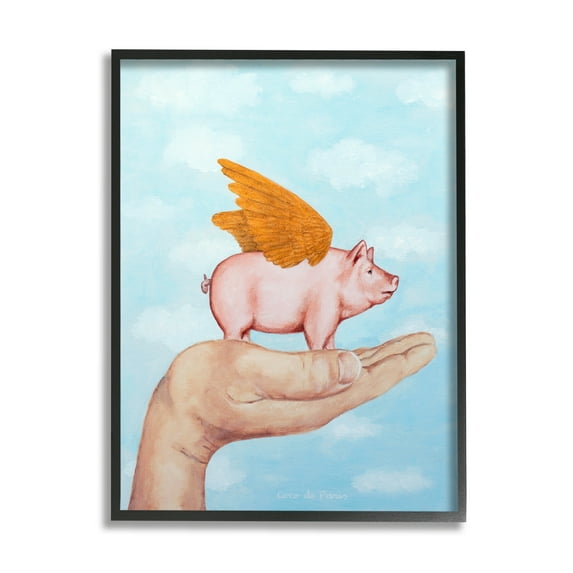 Stupell Industries Flying Pig in Palm Wings Fluffy Clouds Illustration Paintings Black Framed Art Print Wall Art, 11x14, by Coco de Paris