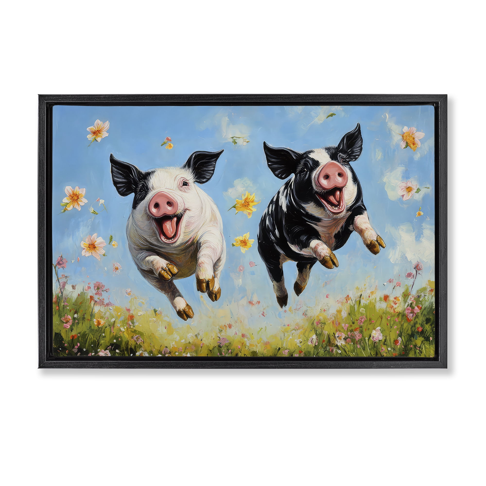Stupell Industries Flying Pigs & Flowers Black Framed Floater Canvas Wall Art, design by The Wands Want
