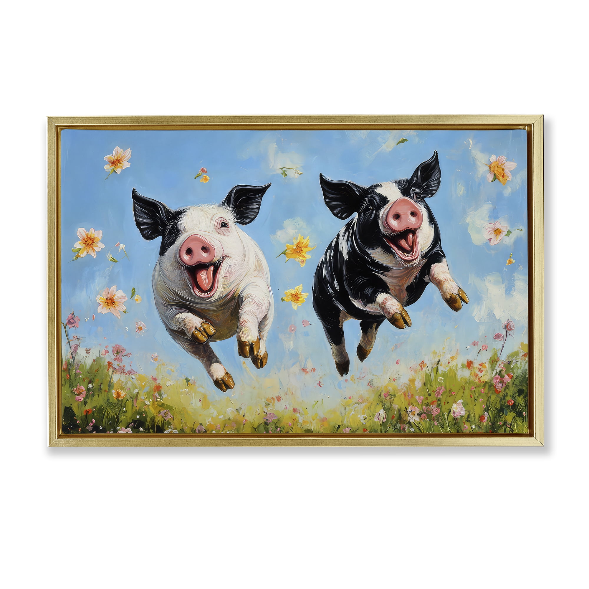 Stupell Industries Flying Pigs & Flowers Gold Framed Floater Canvas Wall Art, design by The Wands Want