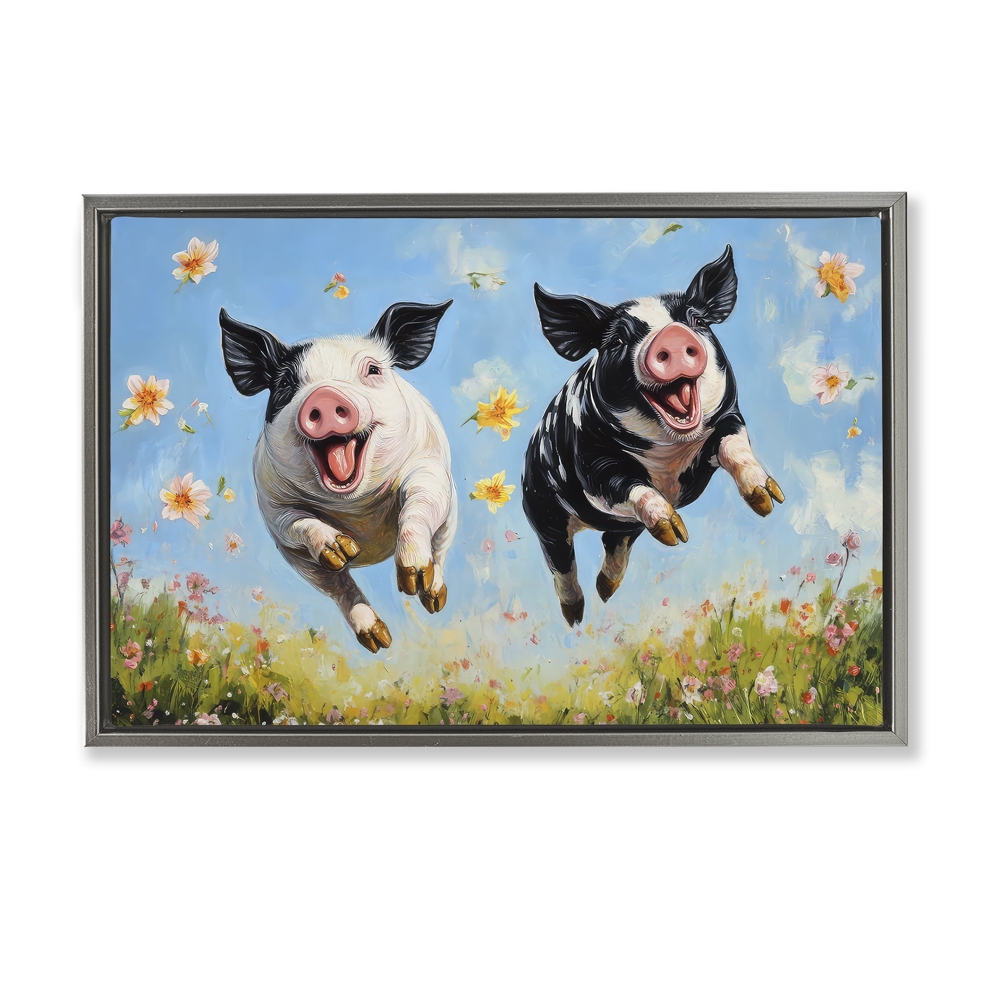 Stupell Industries Flying Pigs & Flowers Gray Framed Floater Canvas Wall Art, design by The Wands Want