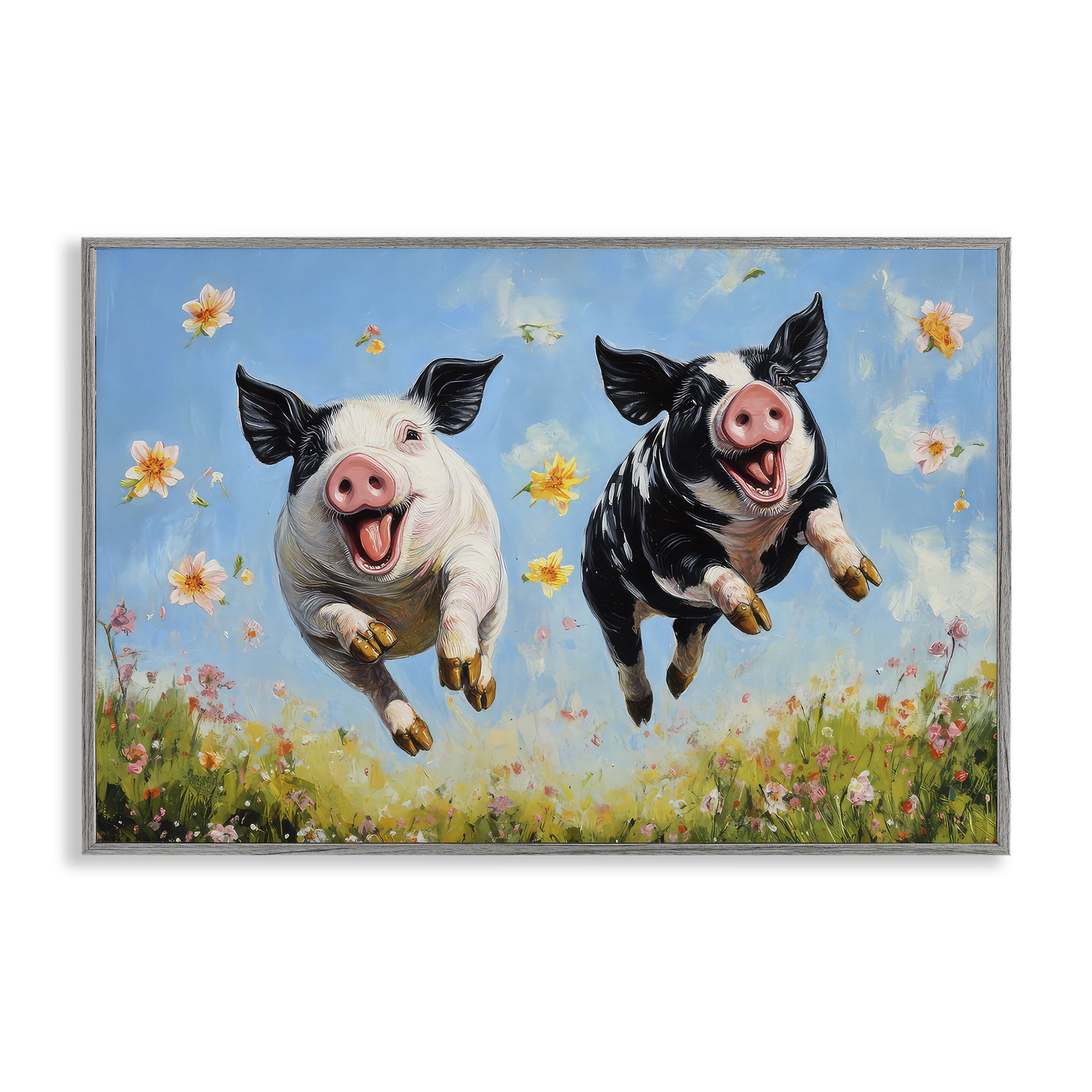 Stupell Industries Flying Pigs & Flowers Gray Framed Giclee Art, design by The Wands Want