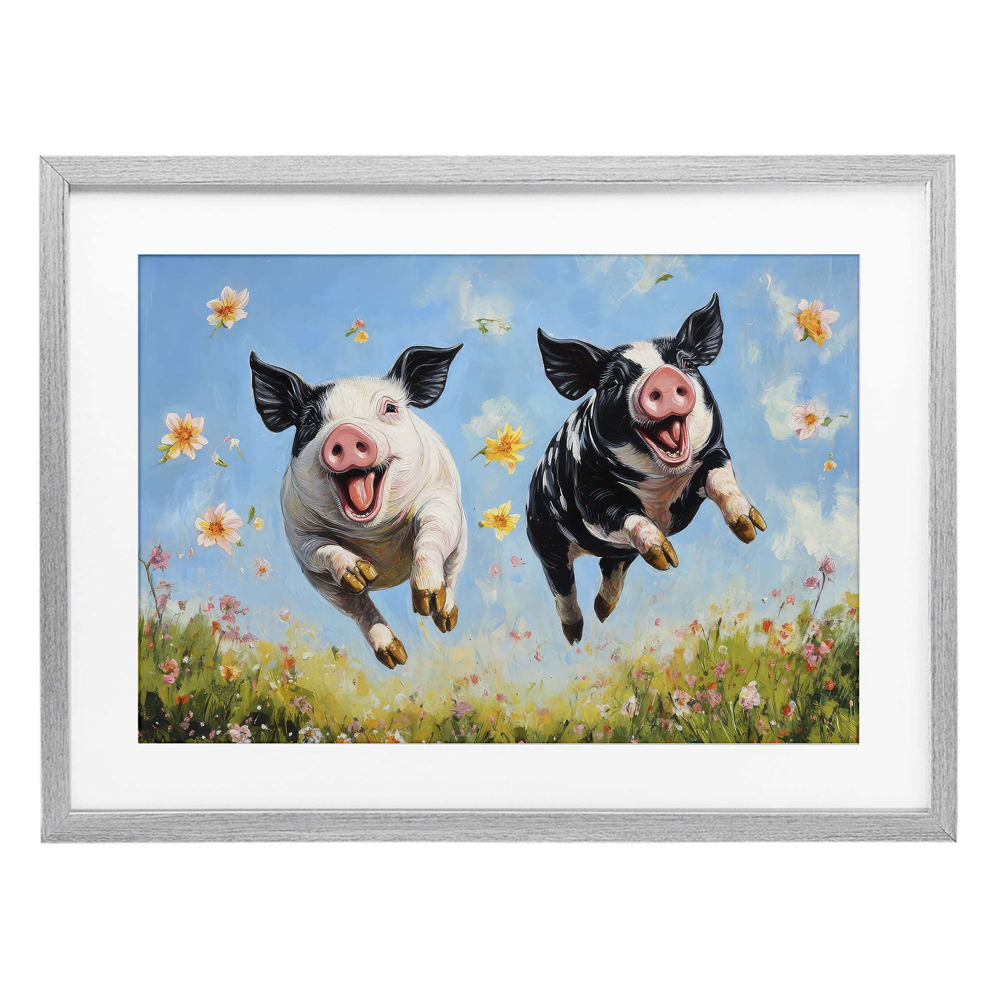 Stupell Industries Flying Pigs & Flowers Gray Framed Print Under Glass, design by The Wands Want