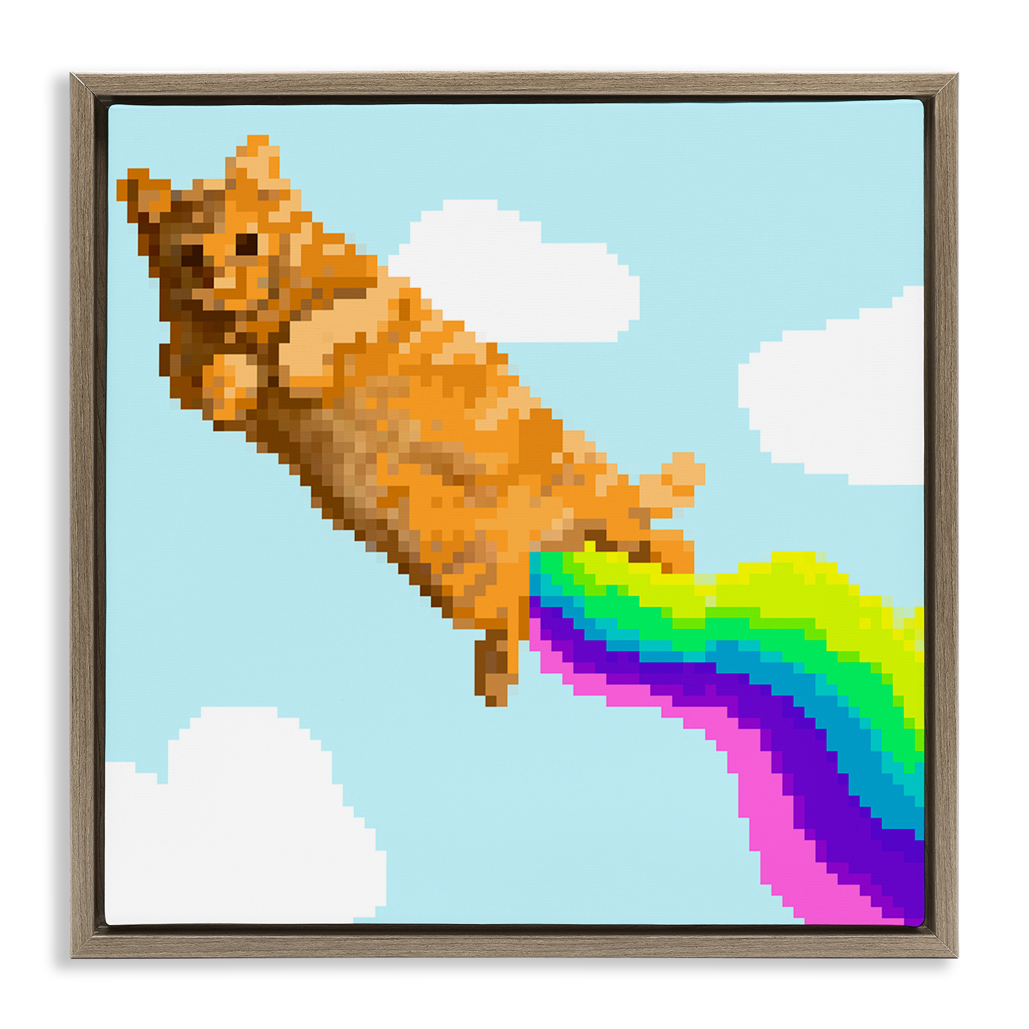 Stupell Industries Flying Rainbow Pixel Cat Animals Painting Brown Floater Framed Canvas Art Print Wall Art, 18 x 18
