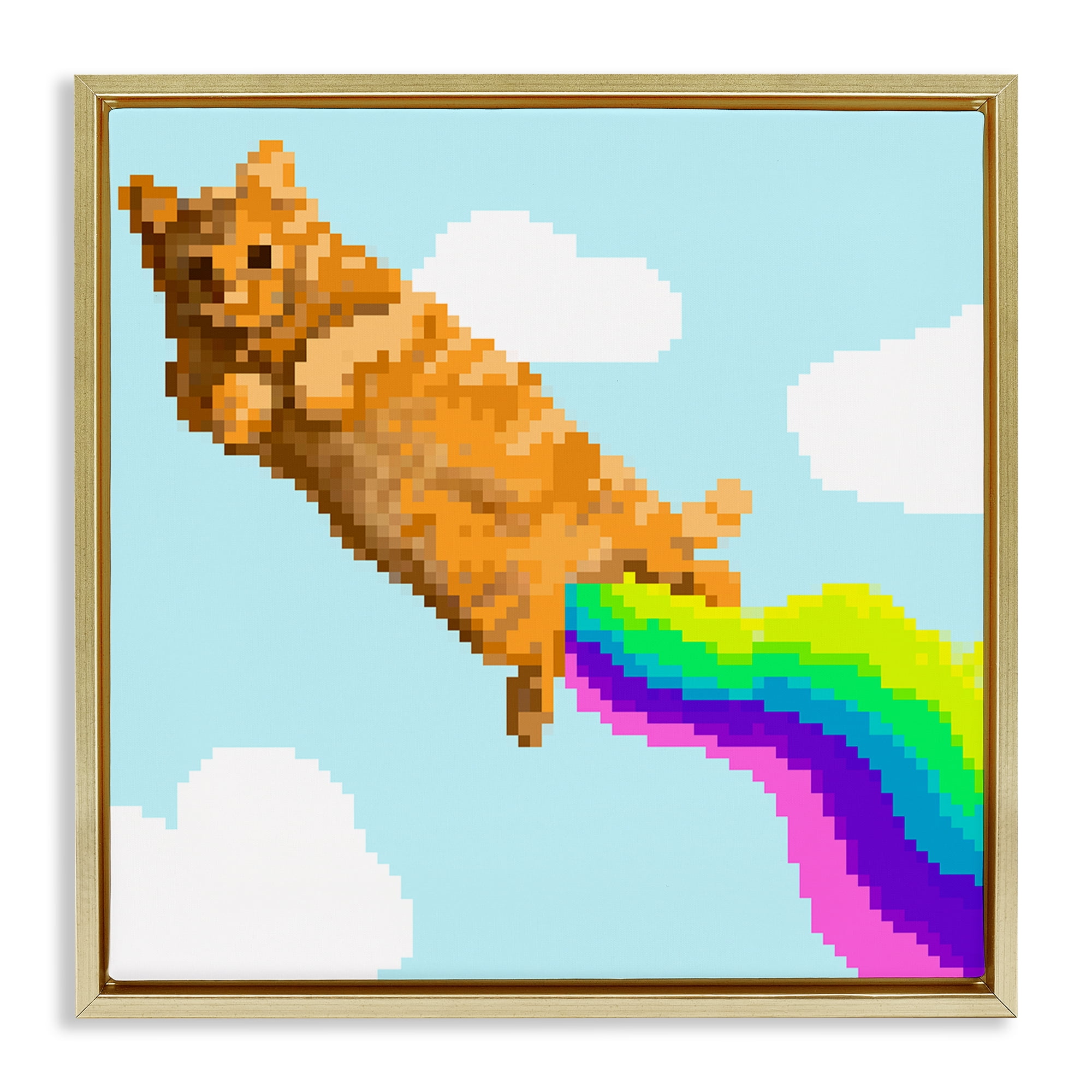 Stupell Industries Flying Rainbow Pixel Cat Animals Painting Gold Floater Framed Canvas Art Print Wall Art, 18 x 18