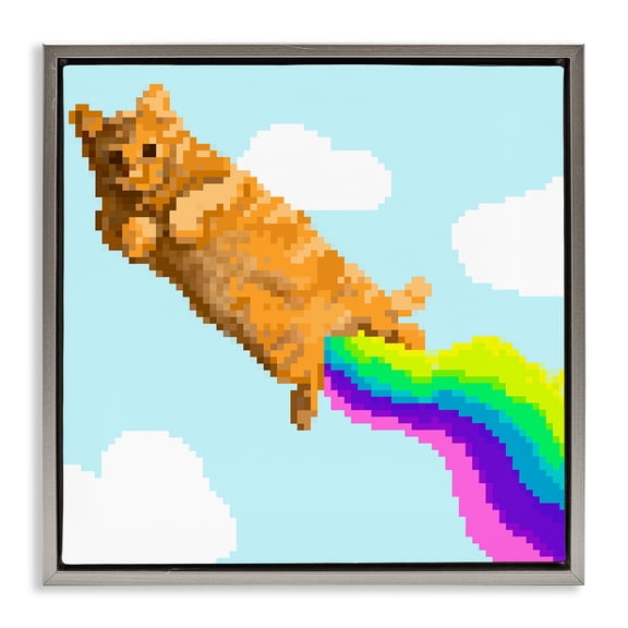 Stupell Industries Flying Rainbow Pixel Cat Animals Painting Gray Floater Framed Canvas Art Print Wall Art, 18 x 18