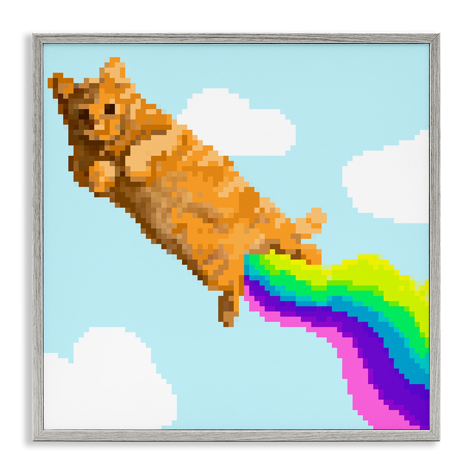 Stupell Industries Flying Rainbow Pixel Cat Animals Painting Gray Framed Art Print Wall Art, 17 x 17