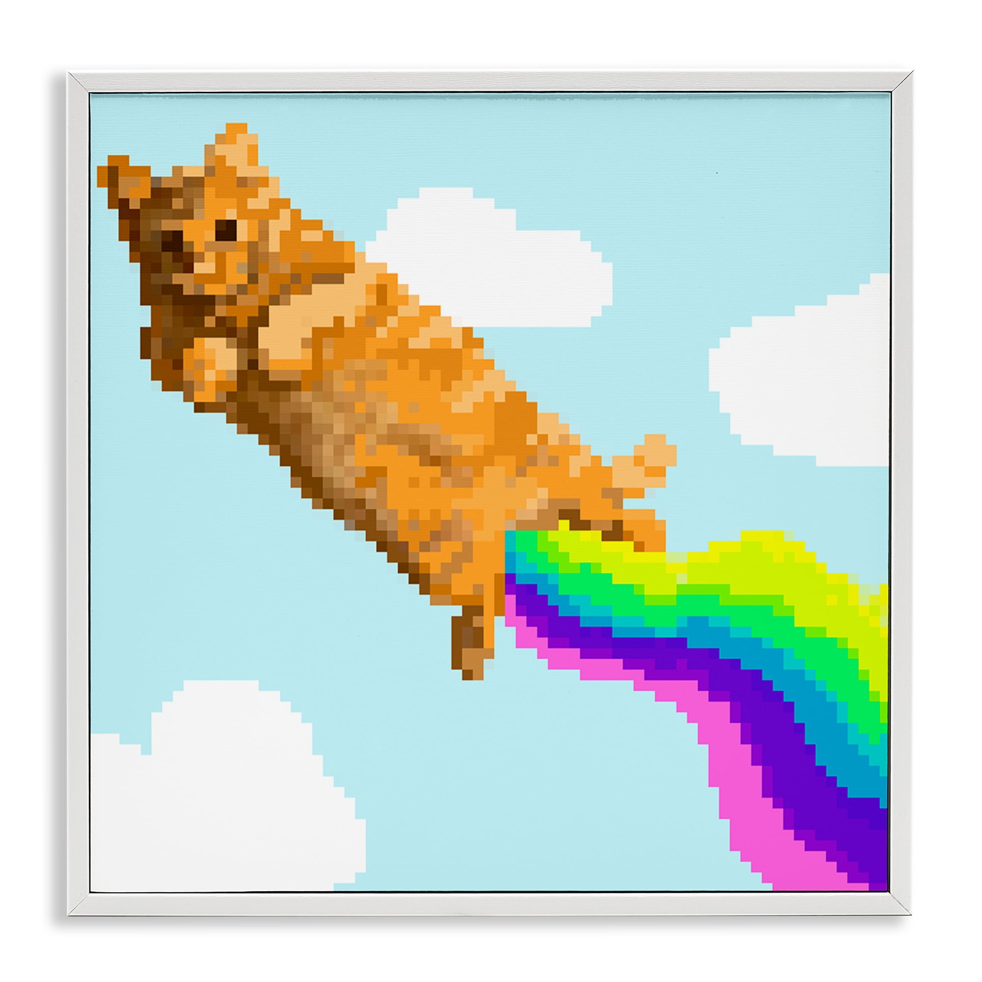 Stupell Industries Flying Rainbow Pixel Cat Animals Painting White Framed Art Print Wall Art, 17 x 17