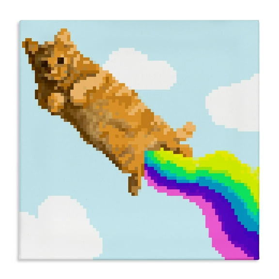Stupell Industries Flying Rainbow Pixel Cat Animals Painting Wrapped Canvas Art Print Wall Art, 17 x 17