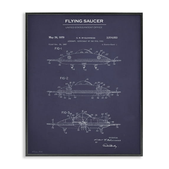 Stupell Industries Flying Saucer Blueprint Transportation Painting Black Framed Art Print Wall Art, 11 x 14