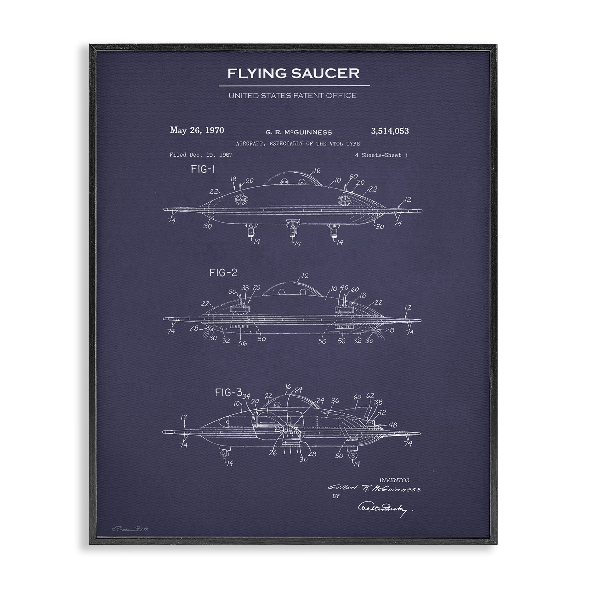 Stupell Industries Flying Saucer Blueprint Transportation Painting Black Framed Art Print Wall Art, 24 x 30