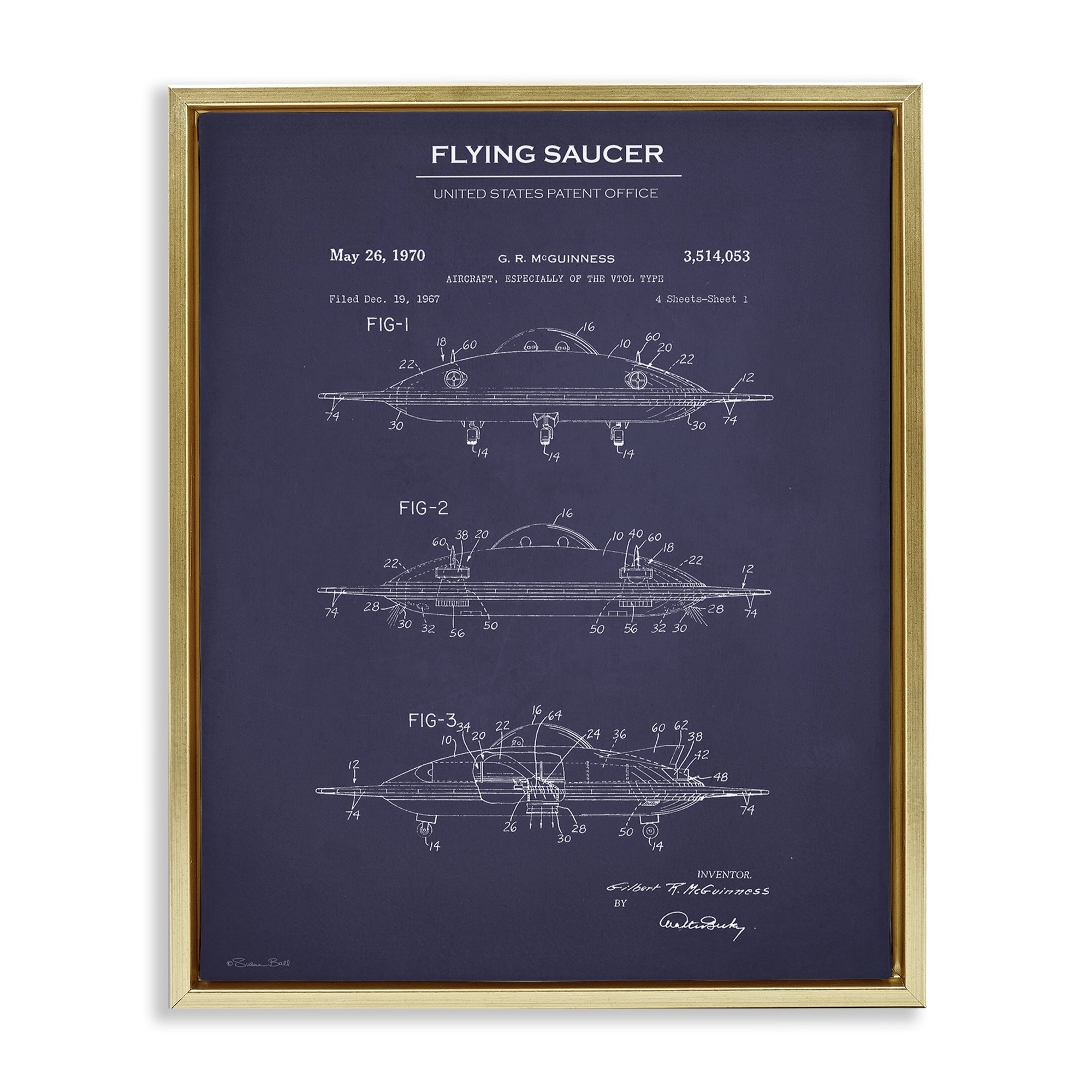 Stupell Industries Flying Saucer Blueprint Transportation Painting Gold Floater Framed Art Print Wall Art, 17 x 21