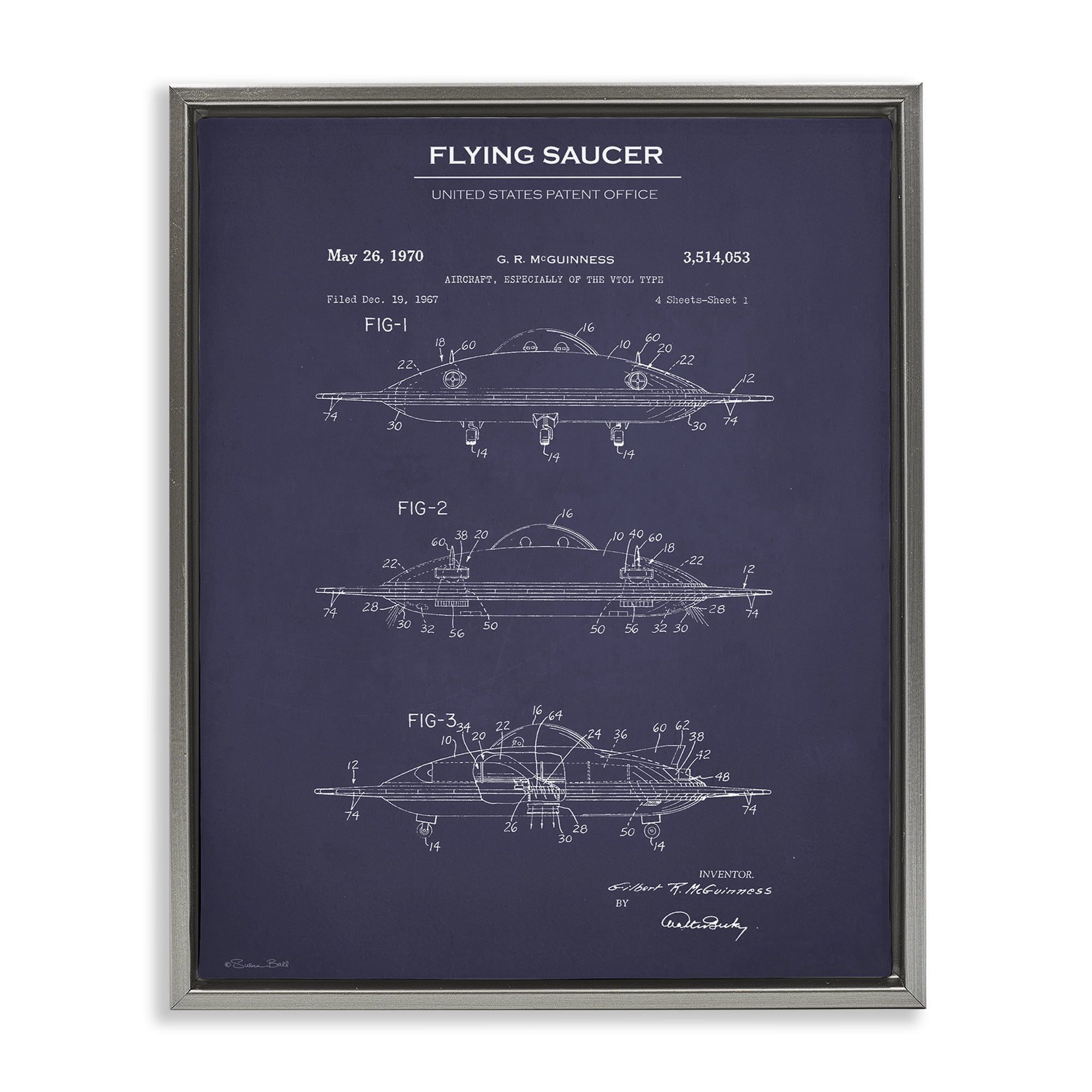 Stupell Industries Flying Saucer Blueprint Transportation Painting Gray Floater Framed Art Print Wall Art, 25 x 31