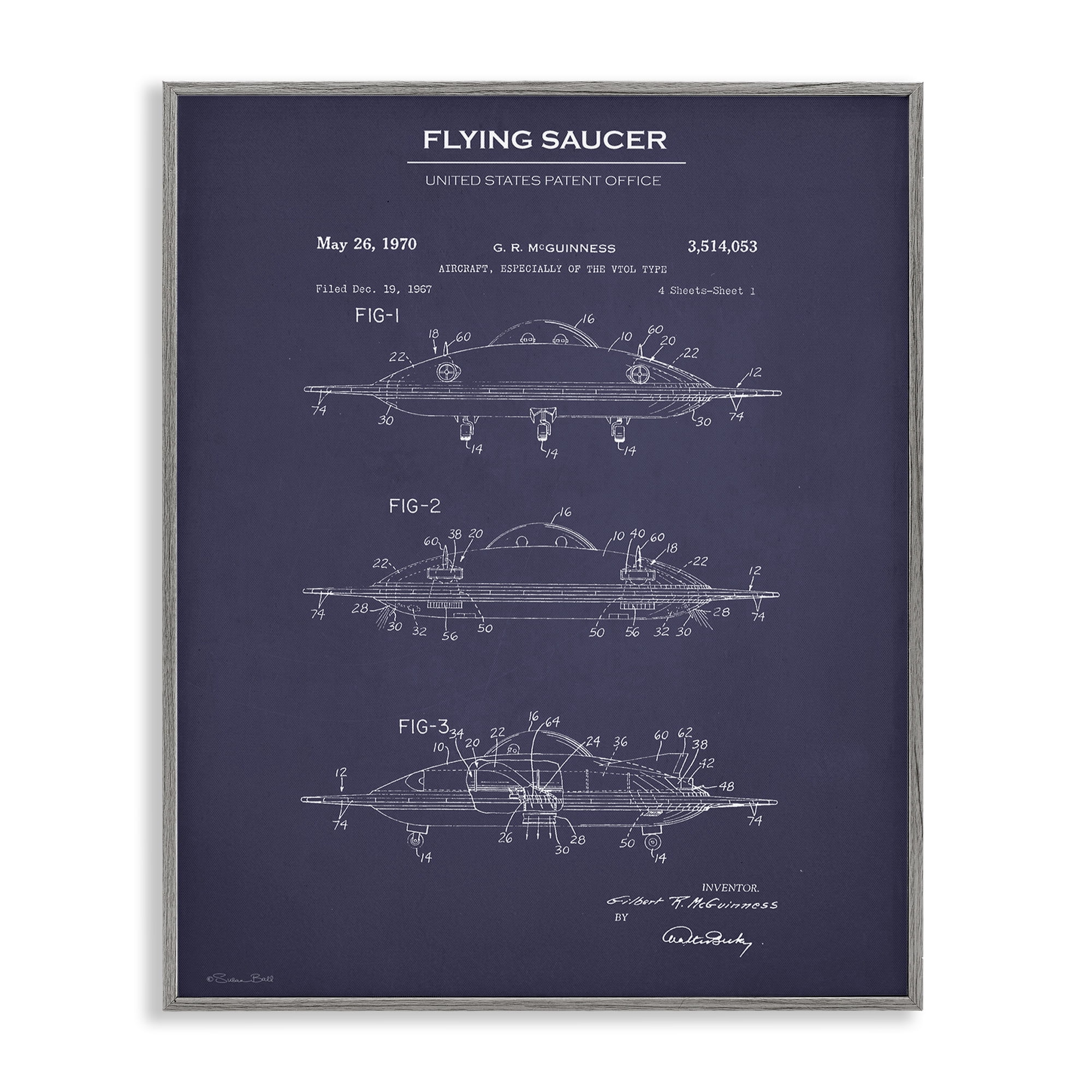 Stupell Industries Flying Saucer Blueprint Transportation Painting Gray Framed Art Print Wall Art, 11 x 14