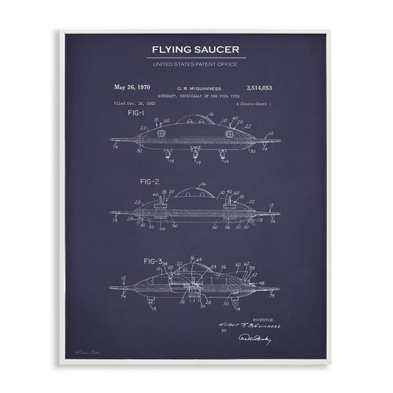 Stupell Industries Flying Saucer Blueprint Transportation Painting White Framed Art Print Wall Art, 11 x 14