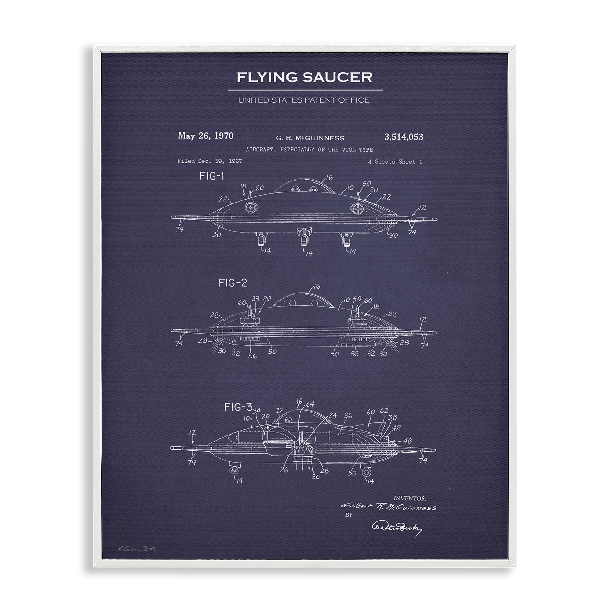 Stupell Industries Flying Saucer Blueprint Transportation Painting White Framed Art Print Wall Art, 16 x 20