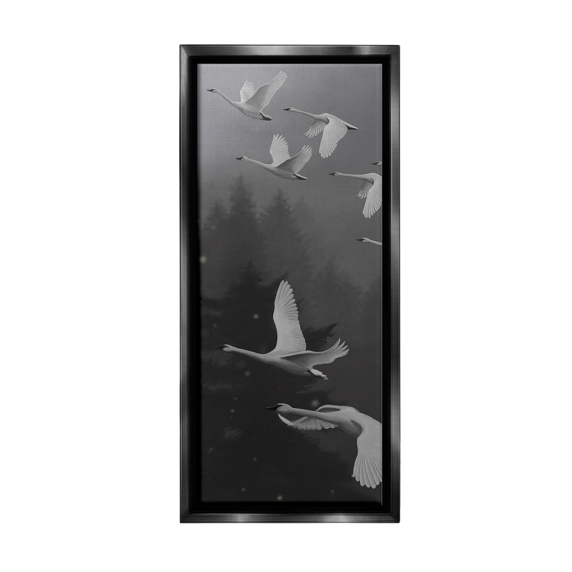 Stupell Industries Flying Swan Flock Animals & Insects Painting Black Floater Framed Canvas Art Print Wall Art, 11 x 25