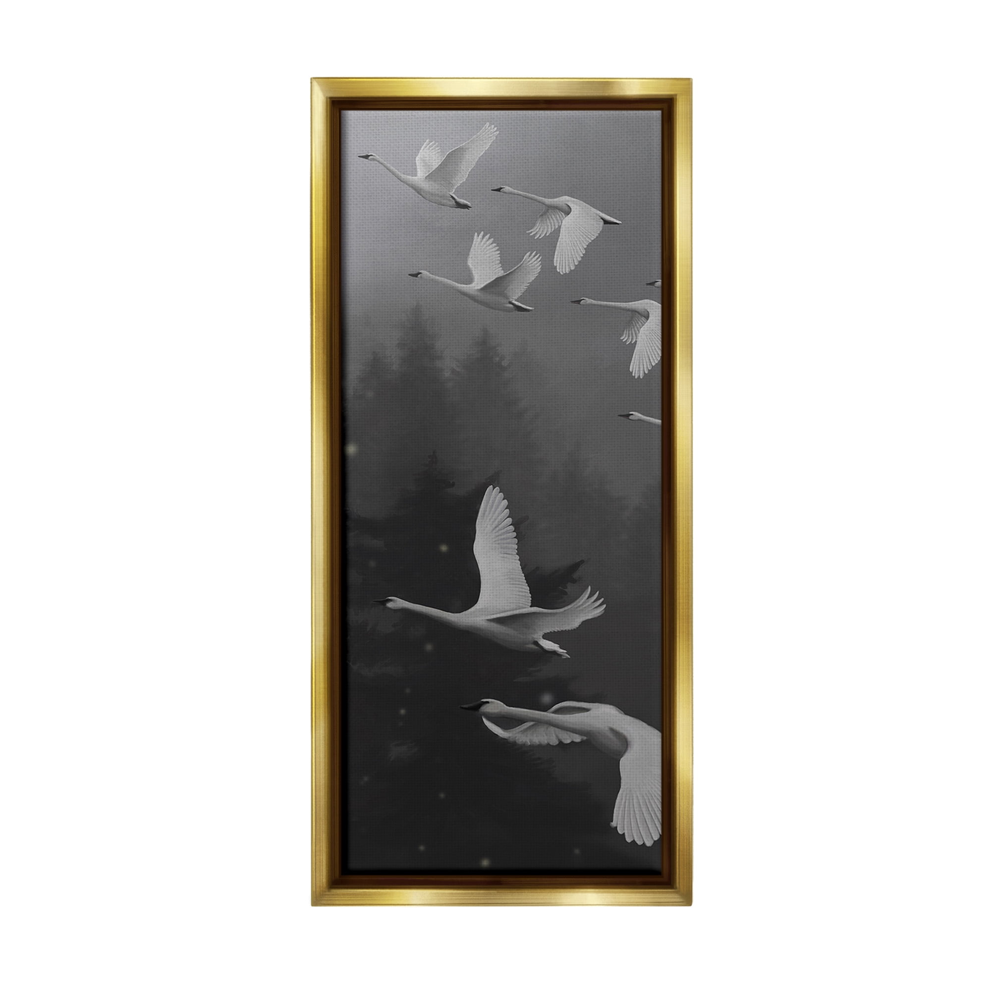 Stupell Industries Flying Swan Flock Animals & Insects Painting Gold Floater Framed Canvas Art Print Wall Art, 14 x 31