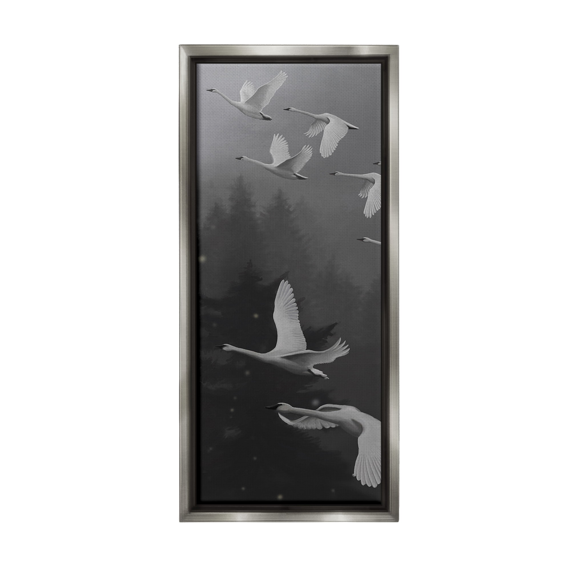 Stupell Industries Flying Swan Flock Animals & Insects Painting Gray Floater Framed Canvas Art Print Wall Art, 11 x 25
