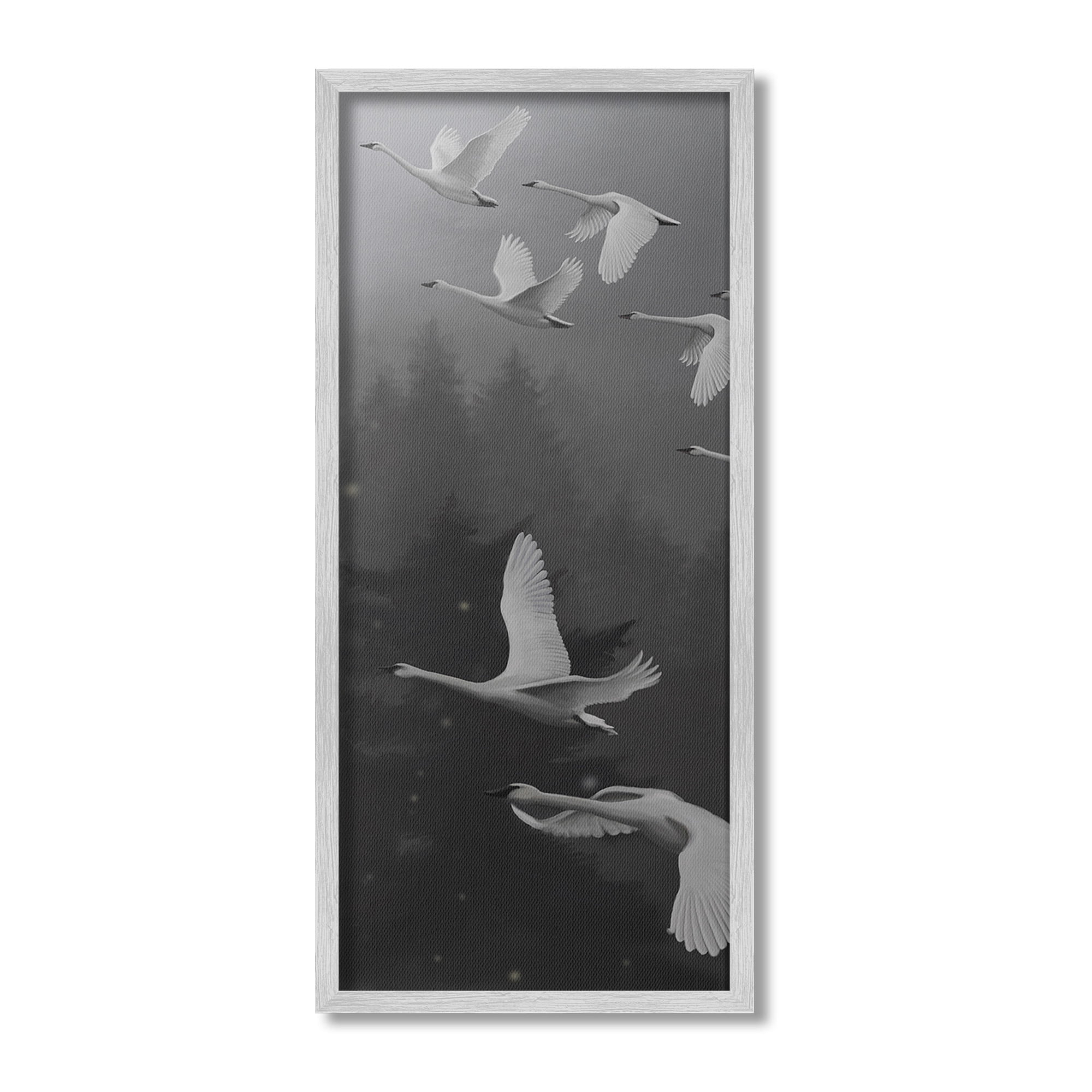 Stupell Industries Flying Swan Flock Animals & Insects Painting Gray Framed Art Print Wall Art, 10 x 24